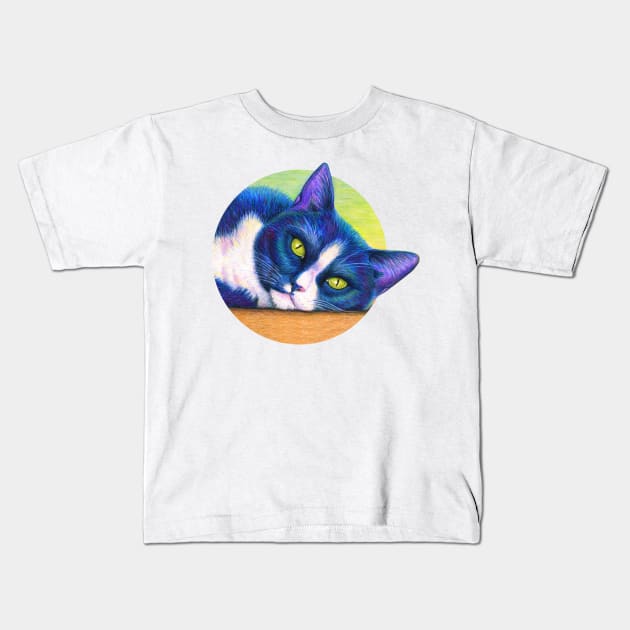 Cute Colorful Tuxedo Cat Kids T-Shirt by rebeccawangart